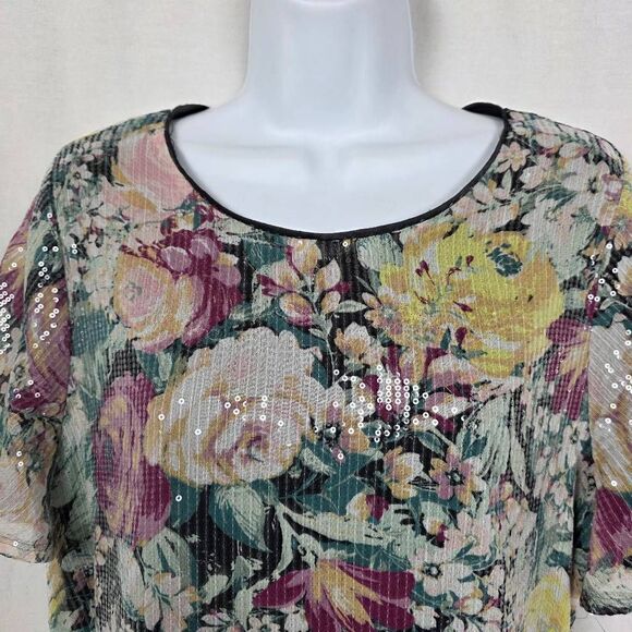 LC Lauren Conrad Sequin Floral Short Sleeve Blouse XL - Picture 3 of 8